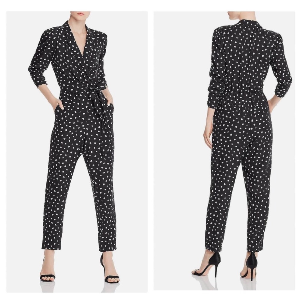 REBECCA TAYLOR BLACK NOVA DOT JACQUARD WRAP SILK BLEND JUMPSUIT